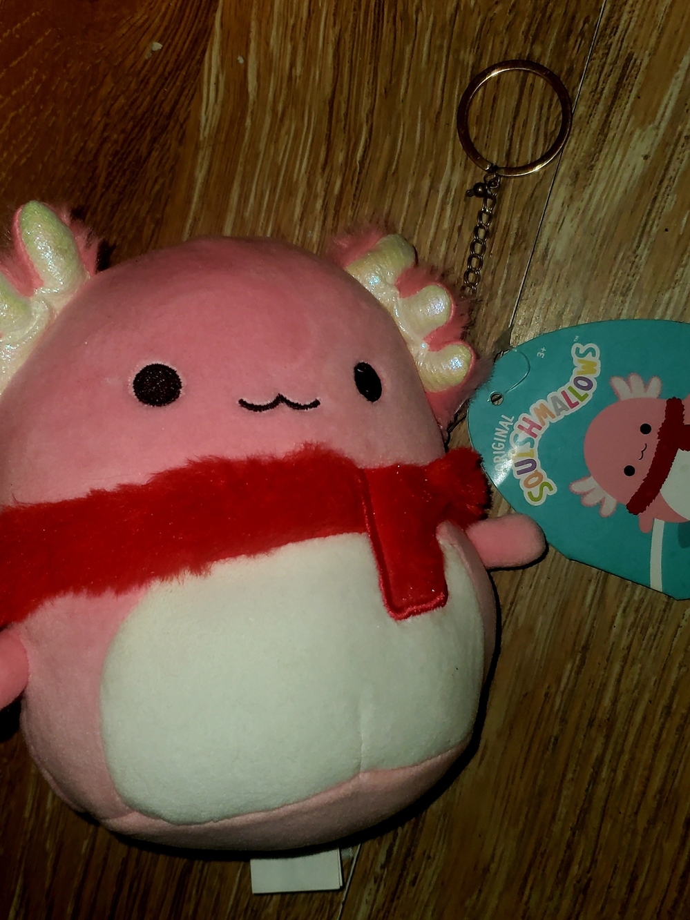 Pink Axolotl "Archie" Squishmallow Plush Keychain  with Red Scarf